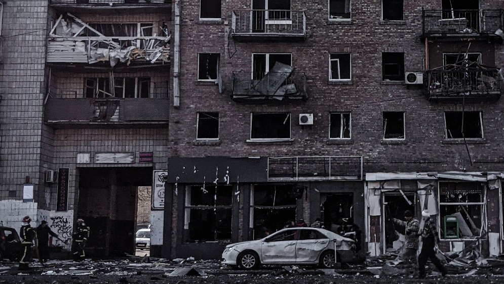 A war-torn building in ruins in Ukraine