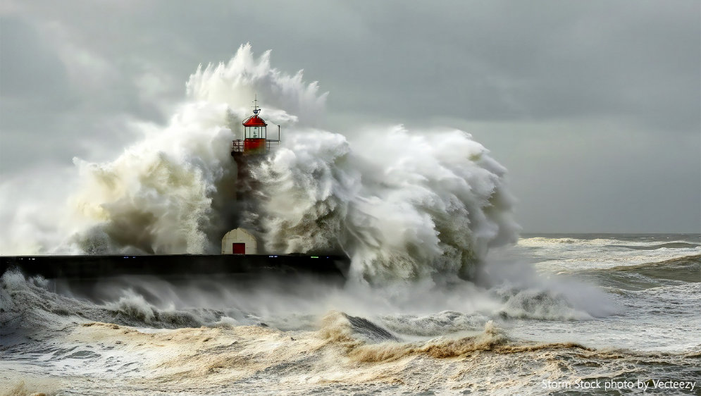 A huge wave engulfing a  lighthouse.