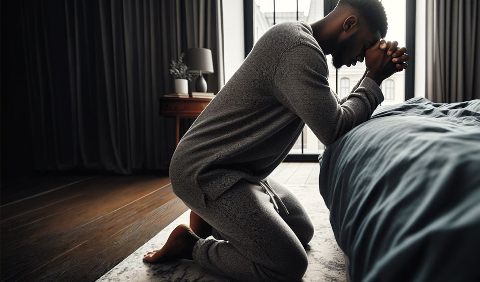 A man kneeling by his bed, praying.