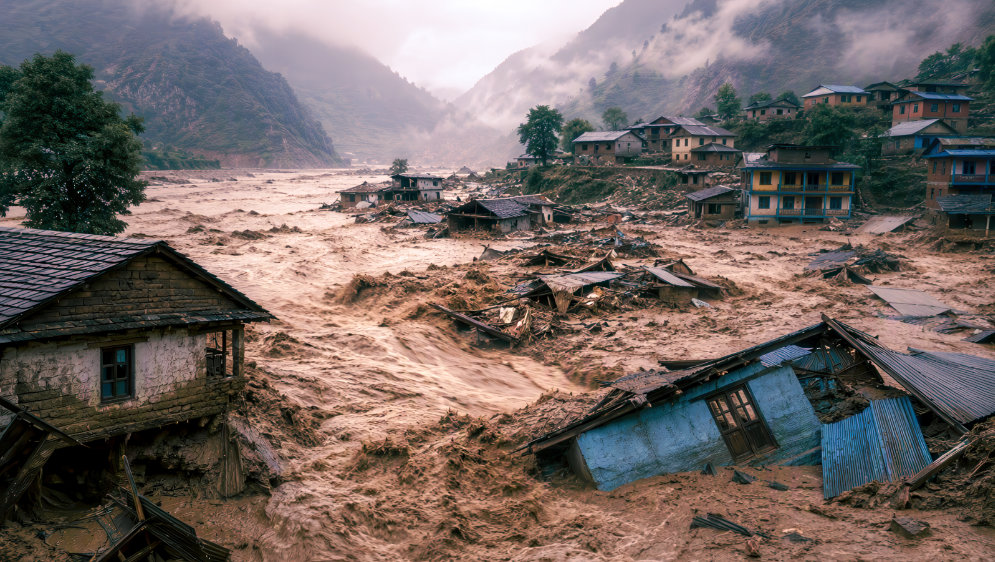 An AI image of a village being swept away by flood waters.
